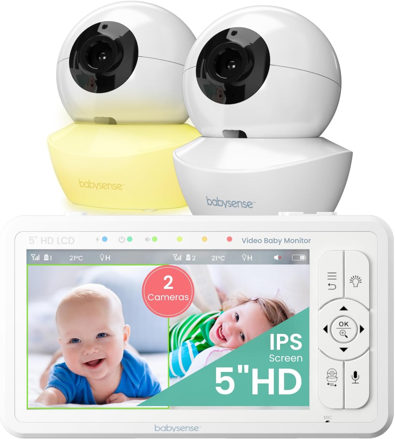 Babysense 5" HD Non WiFi Split-Screen Baby Monitor, Video Baby Monitor with 2 Cameras and Audio, Night Light, 1000ft Range, Two-Way Audio, 4X Zoom, Night Vision, 4000mAh Battery