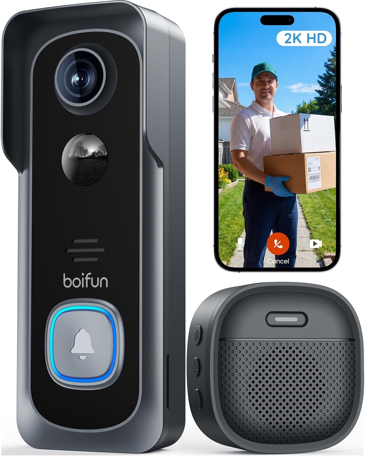 BOIFUN Video Doorbell Camera Wireless, No Subscription Required, 2K HD