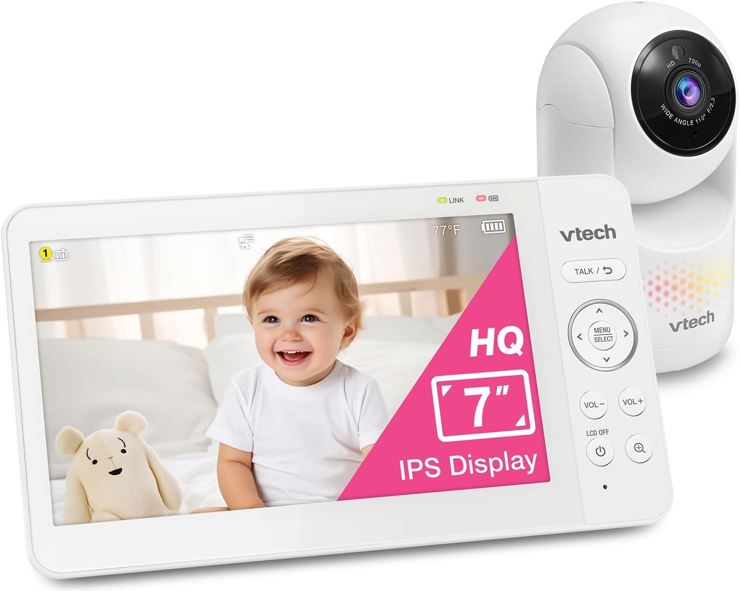 VTech Baby Monitor No WiFi, 7 inch IPS Screen, 5000mAh 12Hr Battery, 360 degree PTZ, 4X Zoom, Night Vision, Night Light, 2-Way Talk, White, Advanced HQ Max