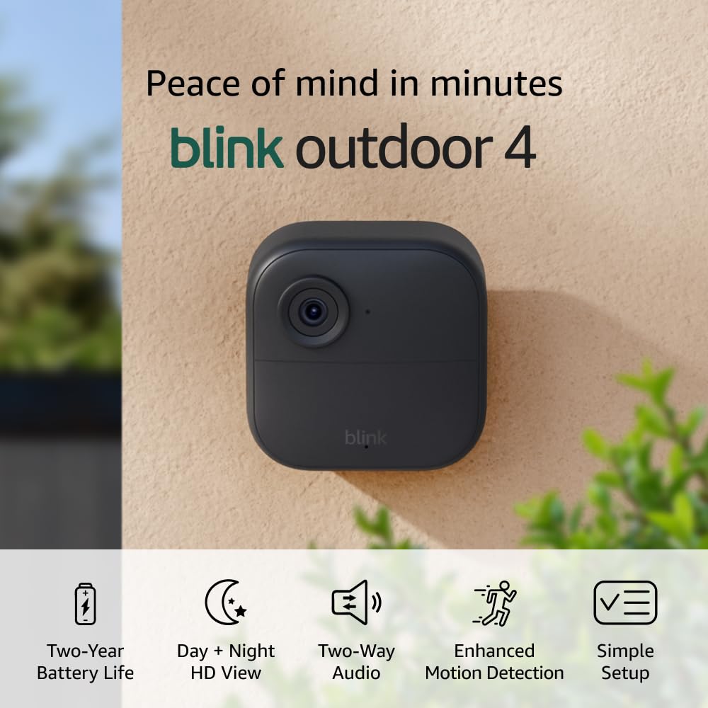 Blink Outdoor 4 - Wireless smart security camera, two-year battery life, 1080p HD day and infrared night live view, two-way talk. Sync Module Core included - 5 camera system