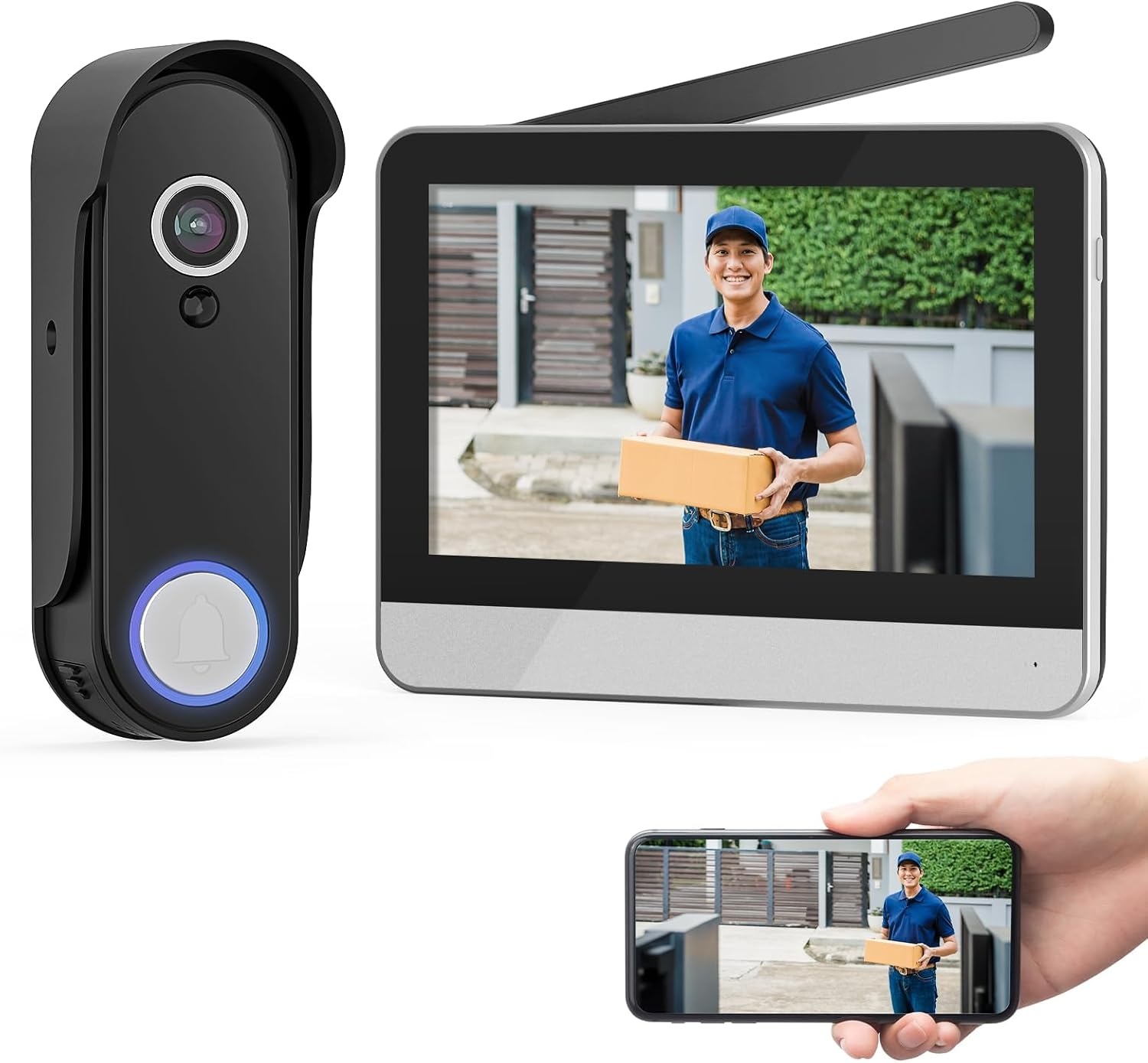 Wireless smart video doorbell system with 7 inch touchscreen