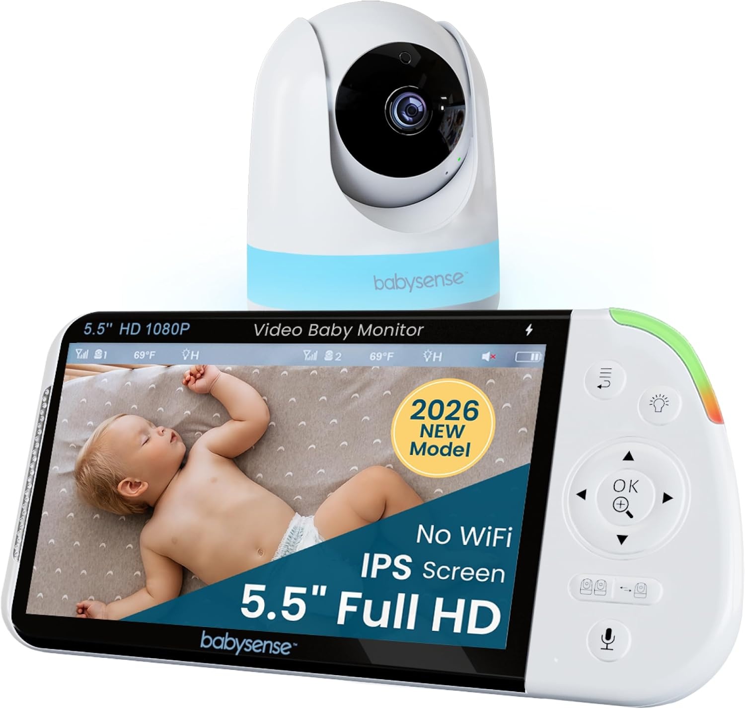 Babysense PRO Non-WiFi Full HD 5.5 inch Split Screen Baby Monitor with Camera and Audio, 6-Color Night Light, White Noise, Sound and Light Machine, 20-Hour Battery, Hack-Proof Secure Connection